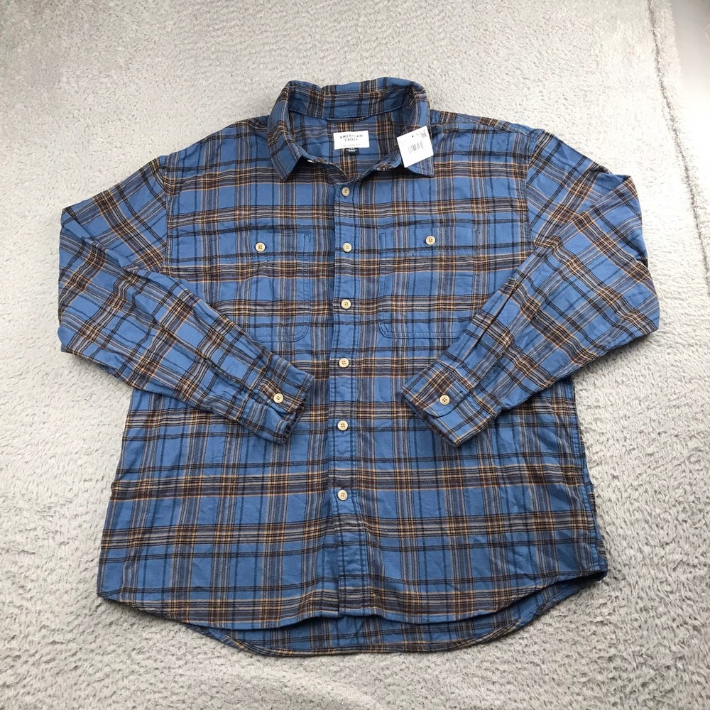 American Eagle Relaxed Everyday Flannel Button Down Shirt Mens L Blue Plaid NEW